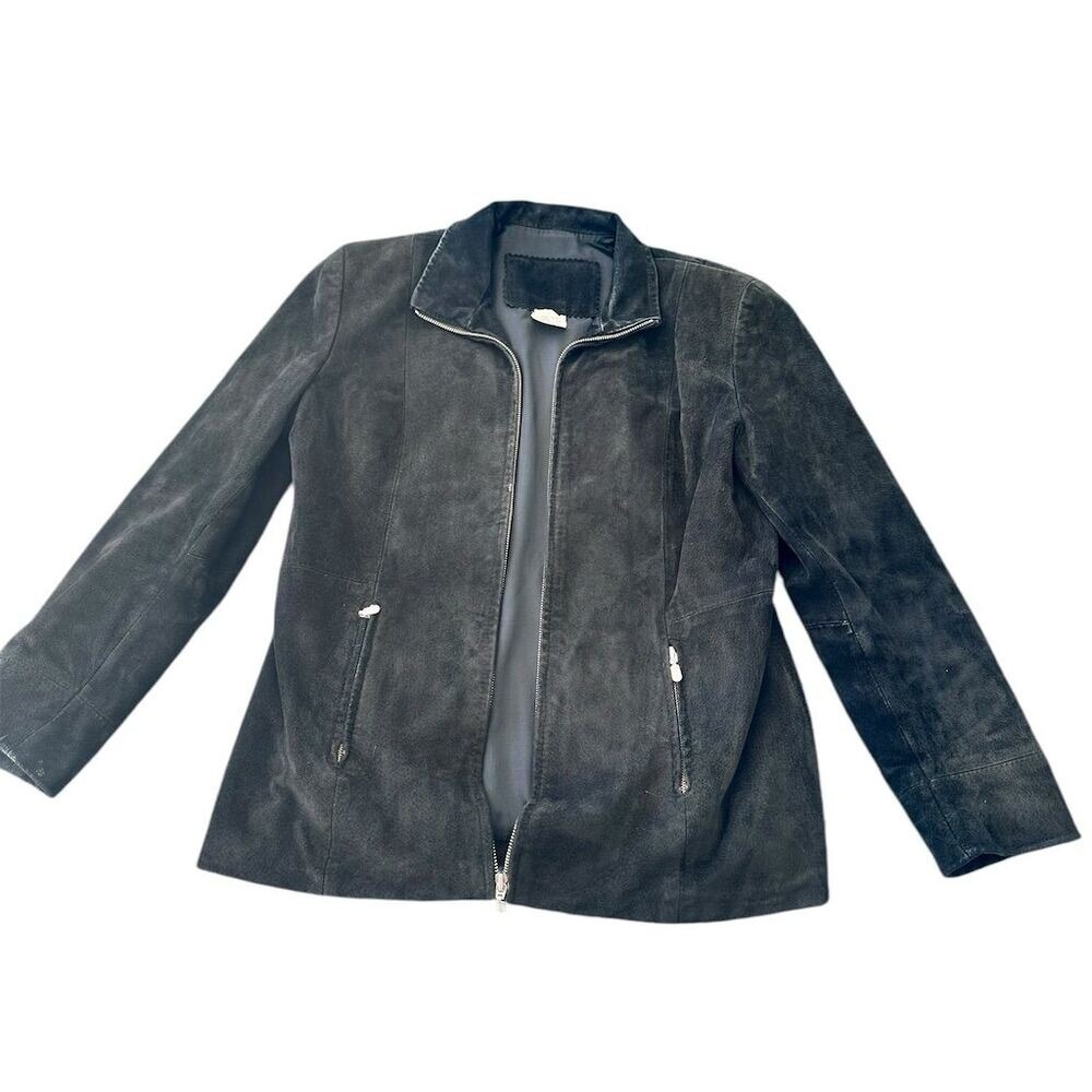 Designer Womens Genuine Leather Suede Jacket‎ Black Zip Front Pockets Size P S